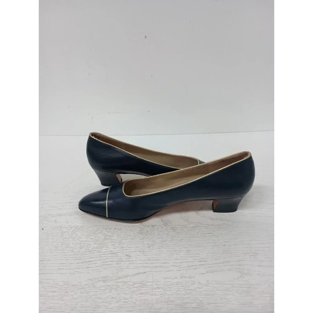 VTG Salvatore Ferragamo Womens Heels Sz 8 Navy Blue Leather Classic Pumps Shoes - Picture 9 of 11